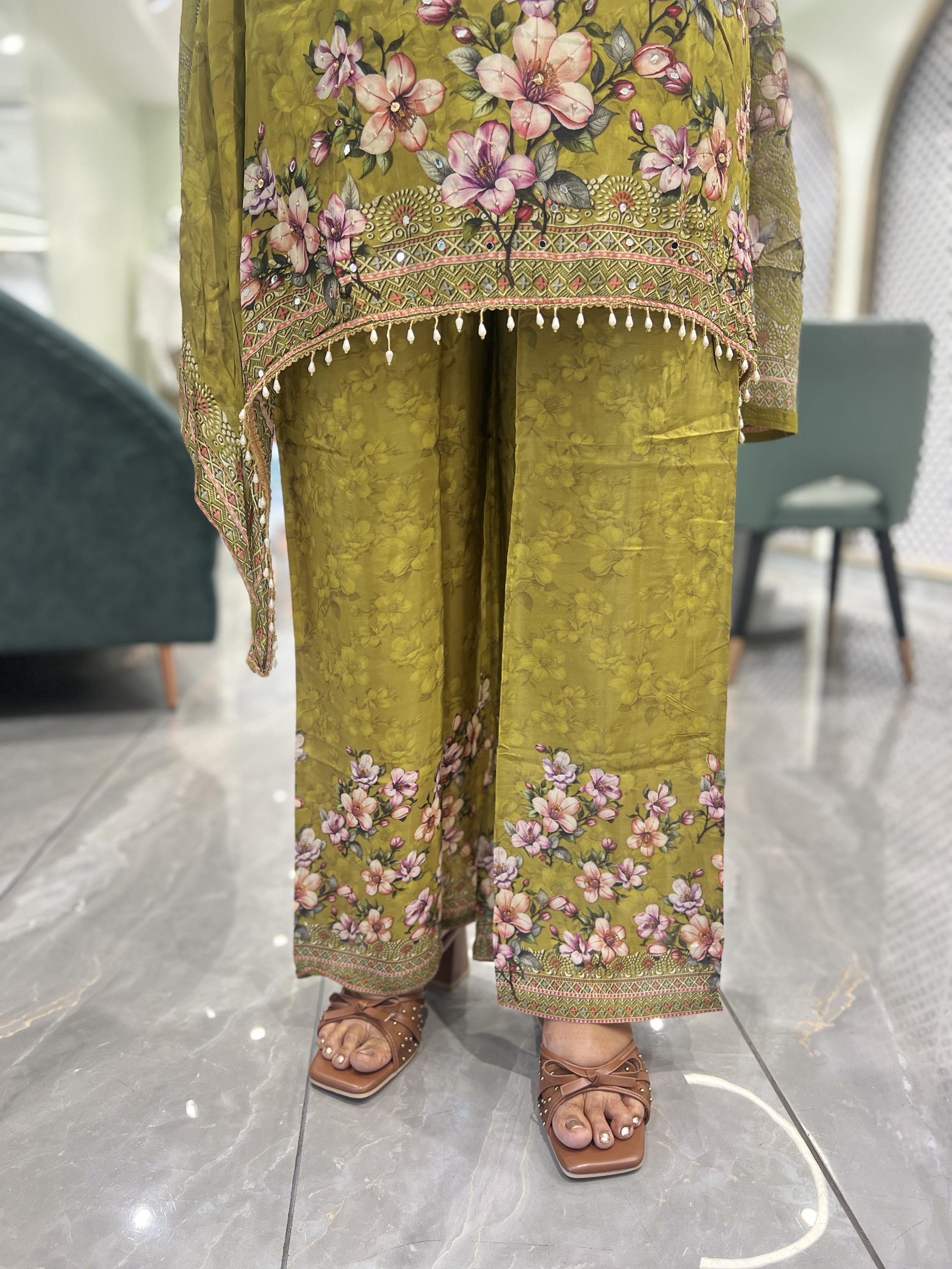 Mint Green Embroidery Chinon Three Piece - KPKGORI 10101 3