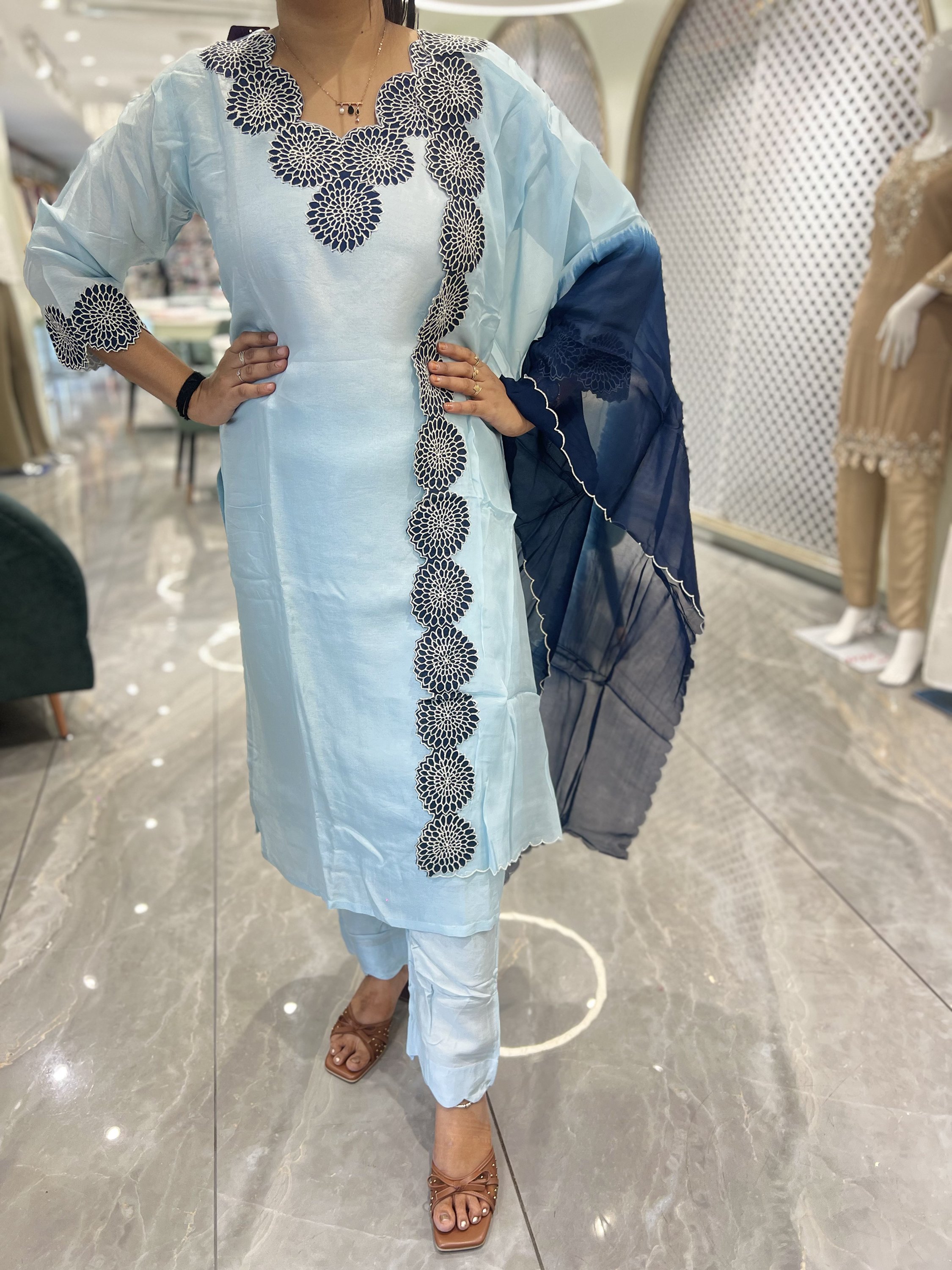 Icy Blue Thread Work Chinon Three Piece - MGORI85 1257 15
