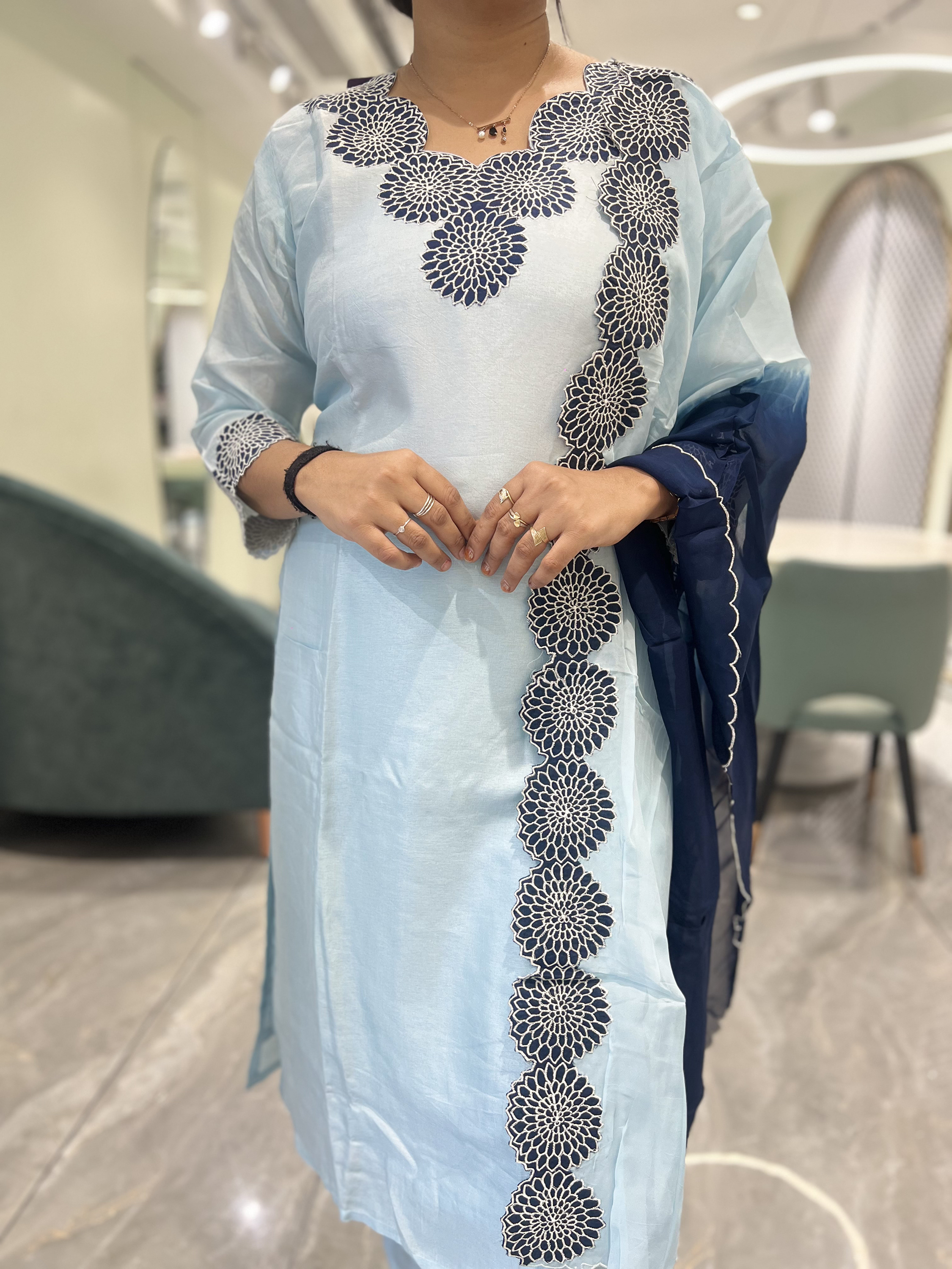 Icy Blue Thread Work Chinon Three Piece - MGORI85 1257 15