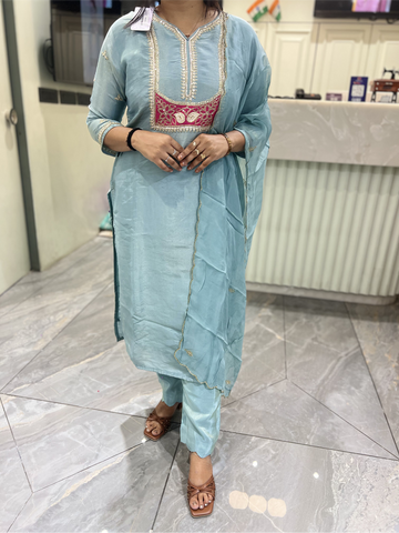 Icy Blue Embroidery Chinon Three Piece - MGORI85 1257 21
