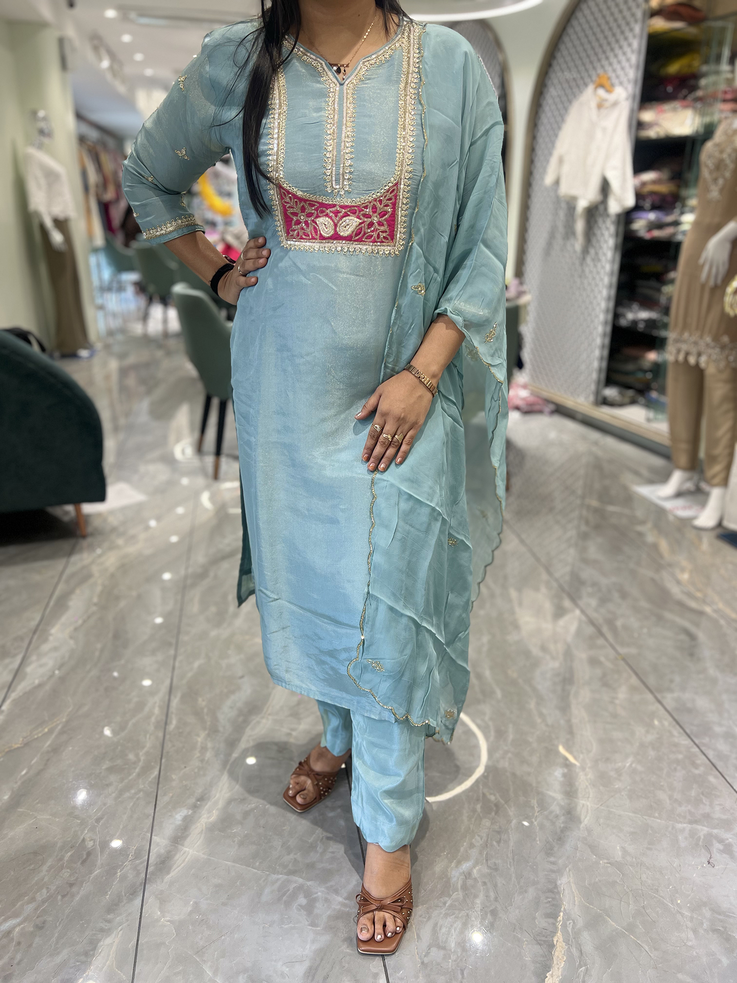 Icy Blue Embroidery Chinon Three Piece - MGORI85 1257 21