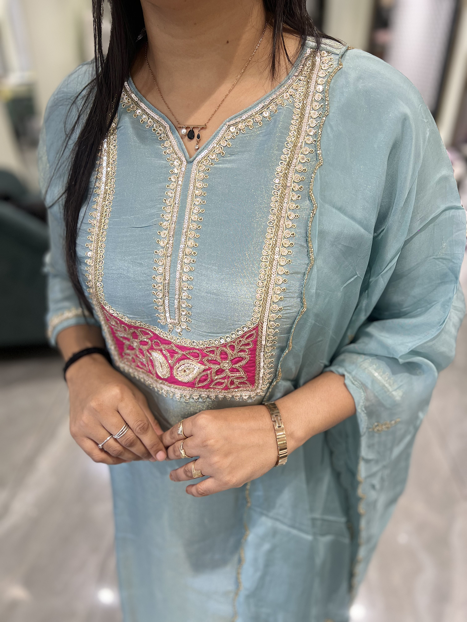 Icy Blue Embroidery Chinon Three Piece - MGORI85 1257 21