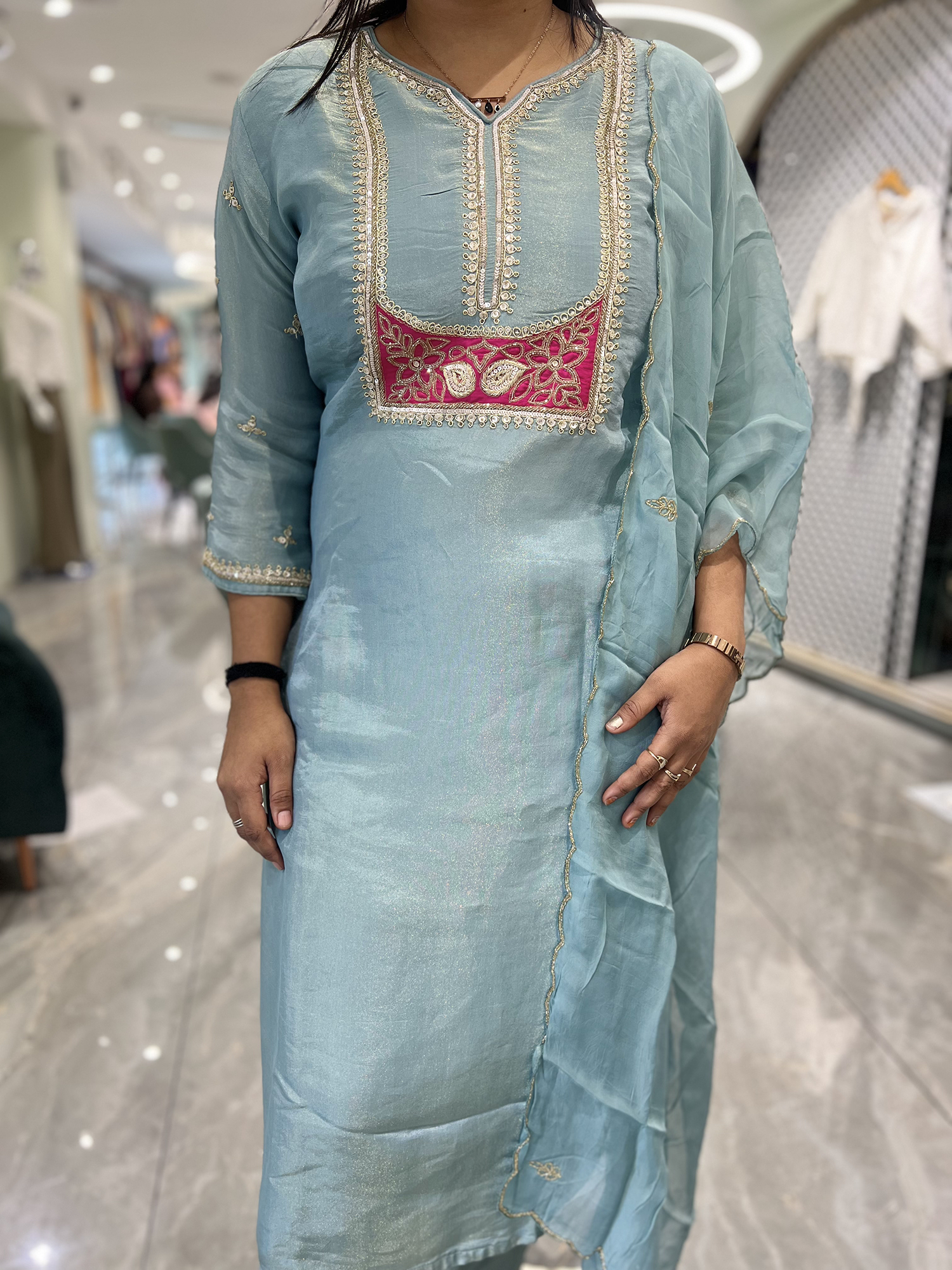 Icy Blue Embroidery Chinon Three Piece - MGORI85 1257 21