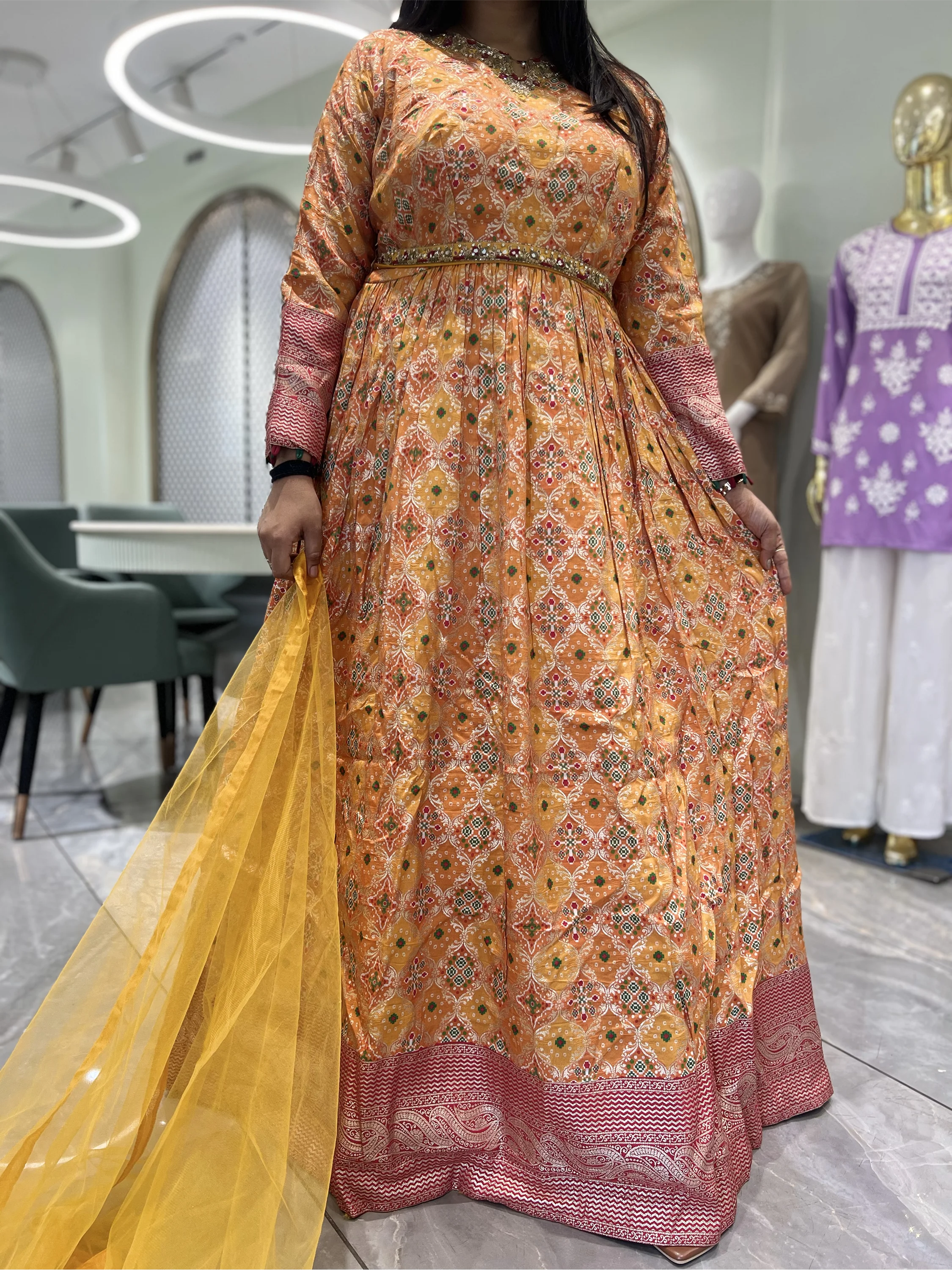 Yellow Mirror With Sequin Silk Gown - OFGORI 22 3