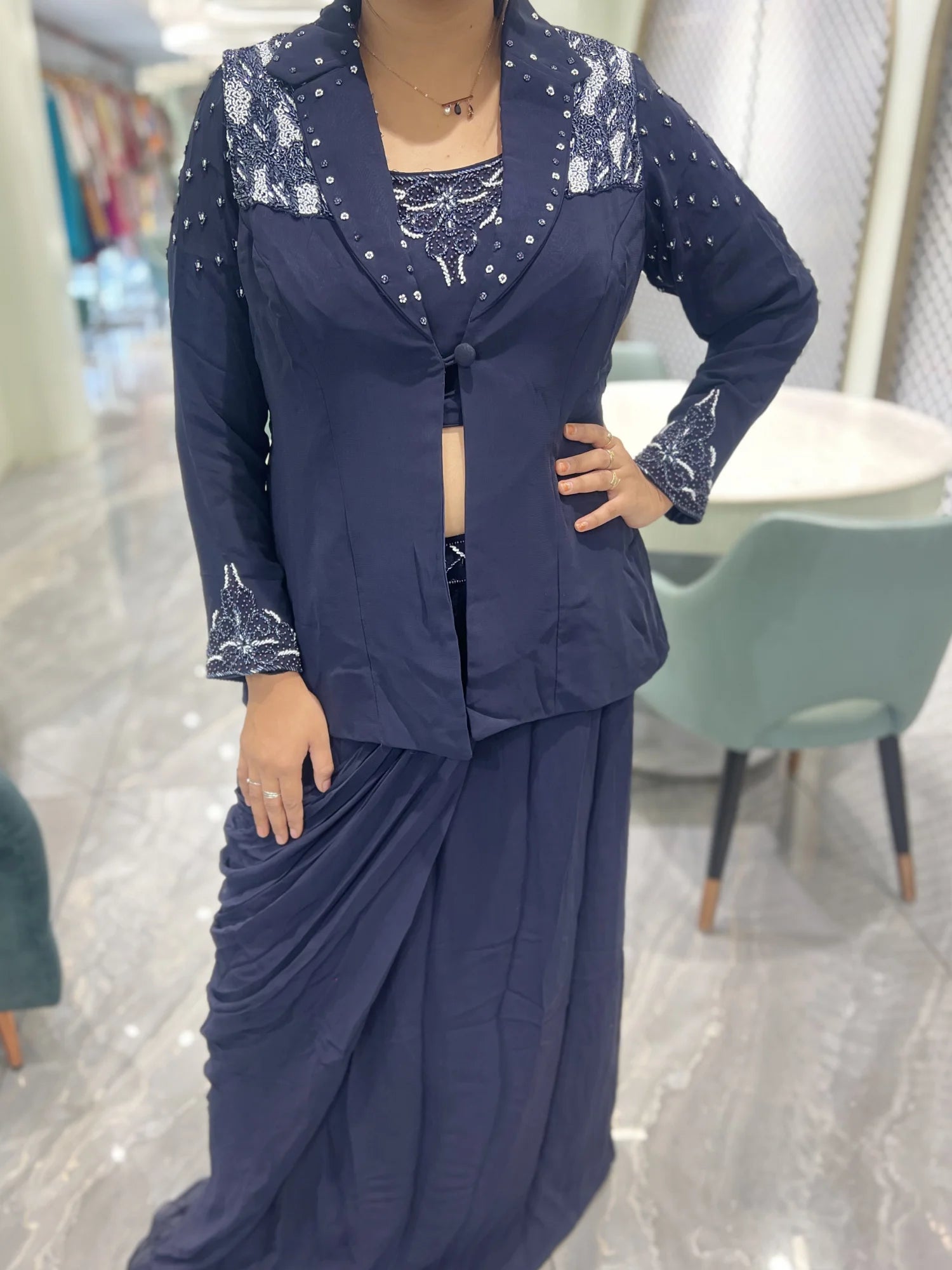 Navy Blue Hand Work Rayon Indo Western - OMGORI 978 1