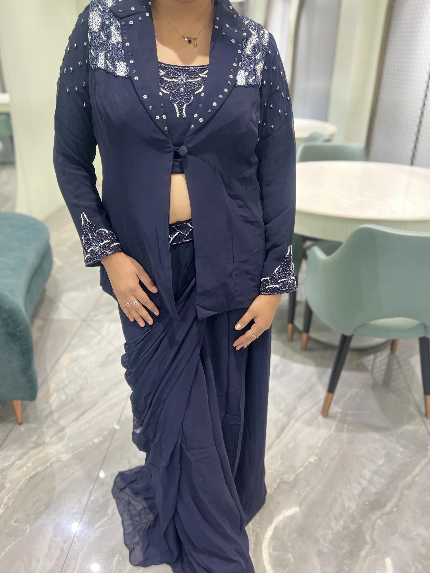 Navy Blue Hand Work Rayon Indo Western - OMGORI 978 1