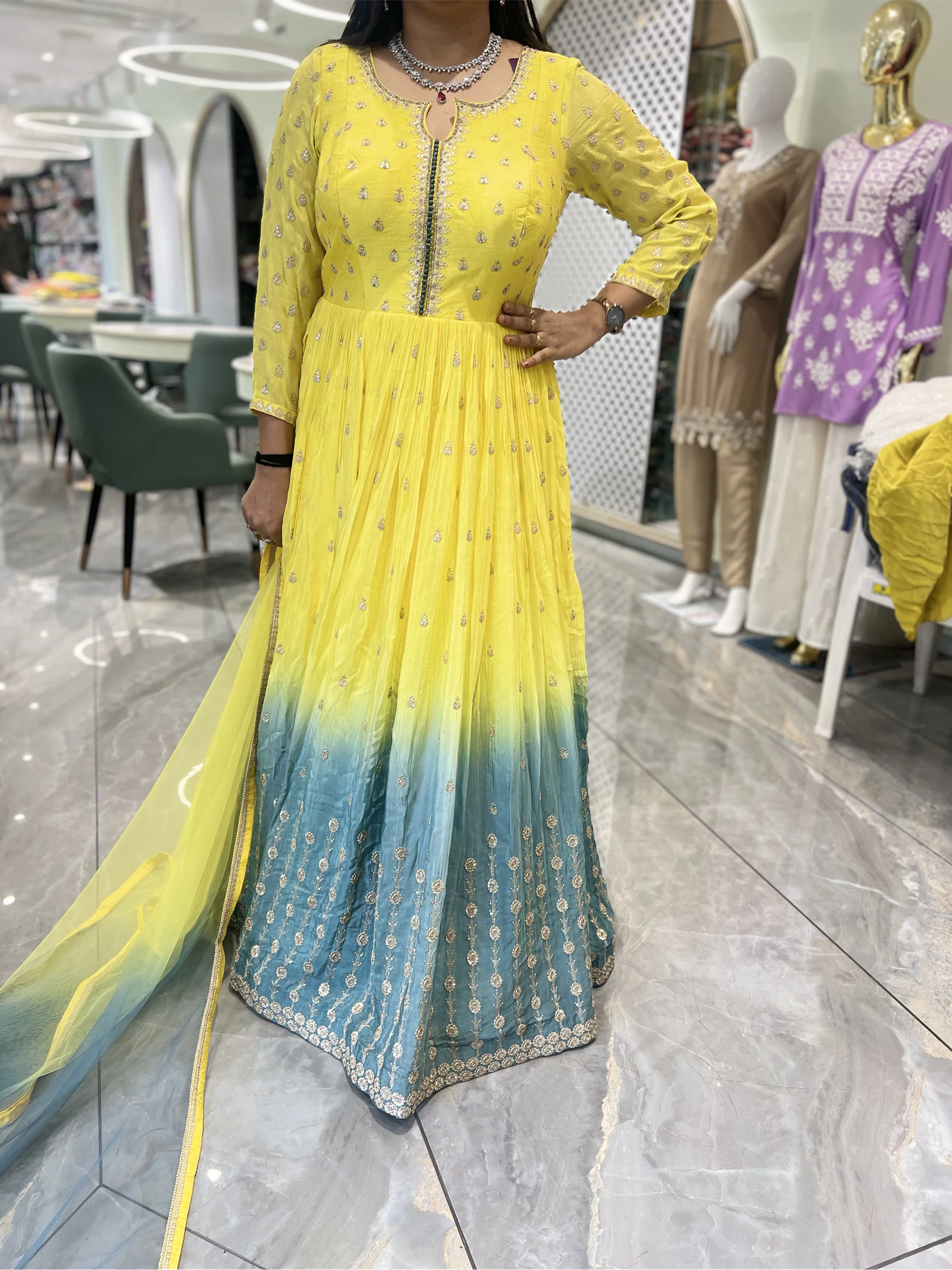 Yellow And Sky Blue Sequin Silk Gown - PGORIC 1398 8