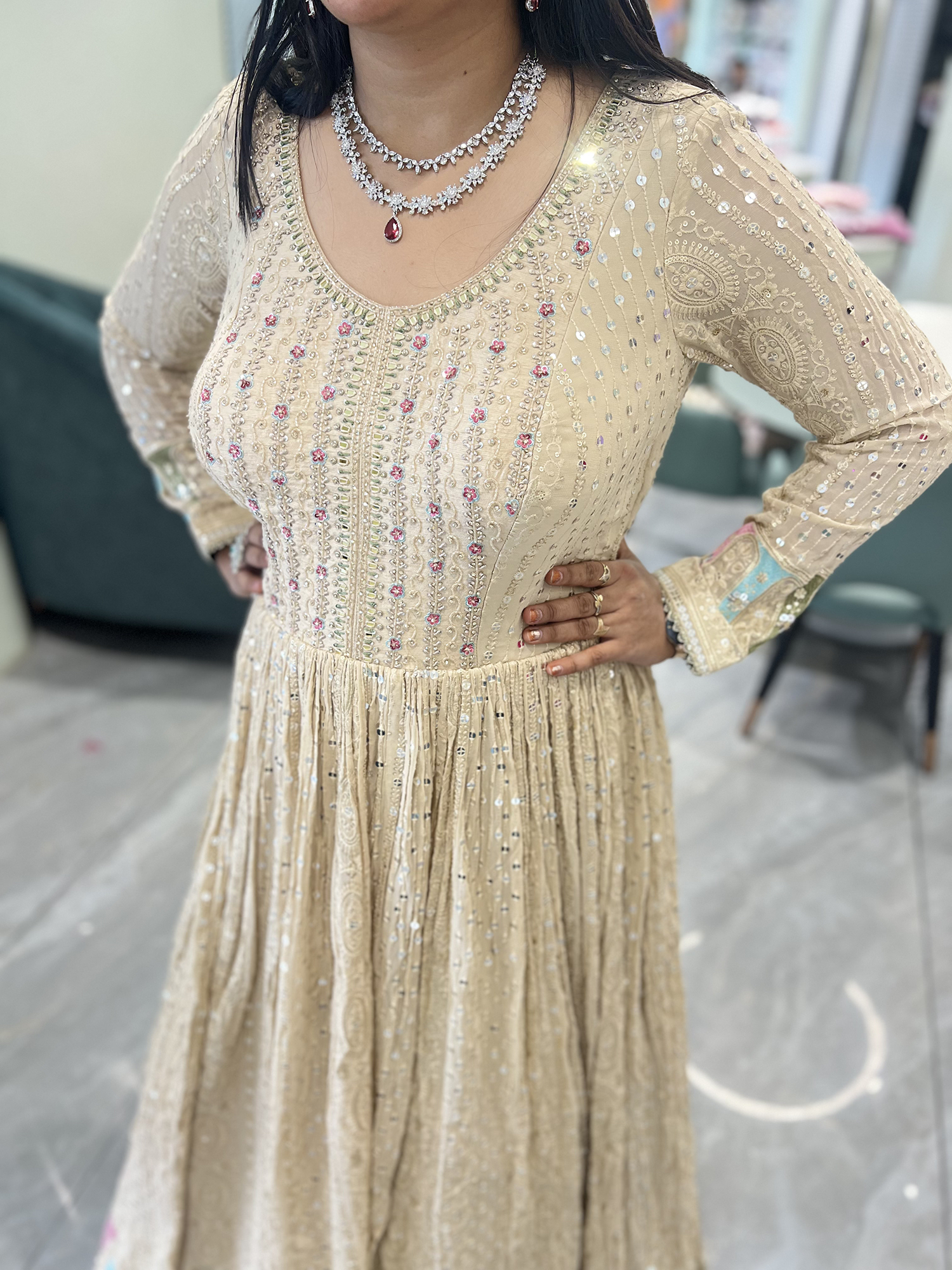 Cream Sequin Chiffon Gown - PGORIC 2199 1
