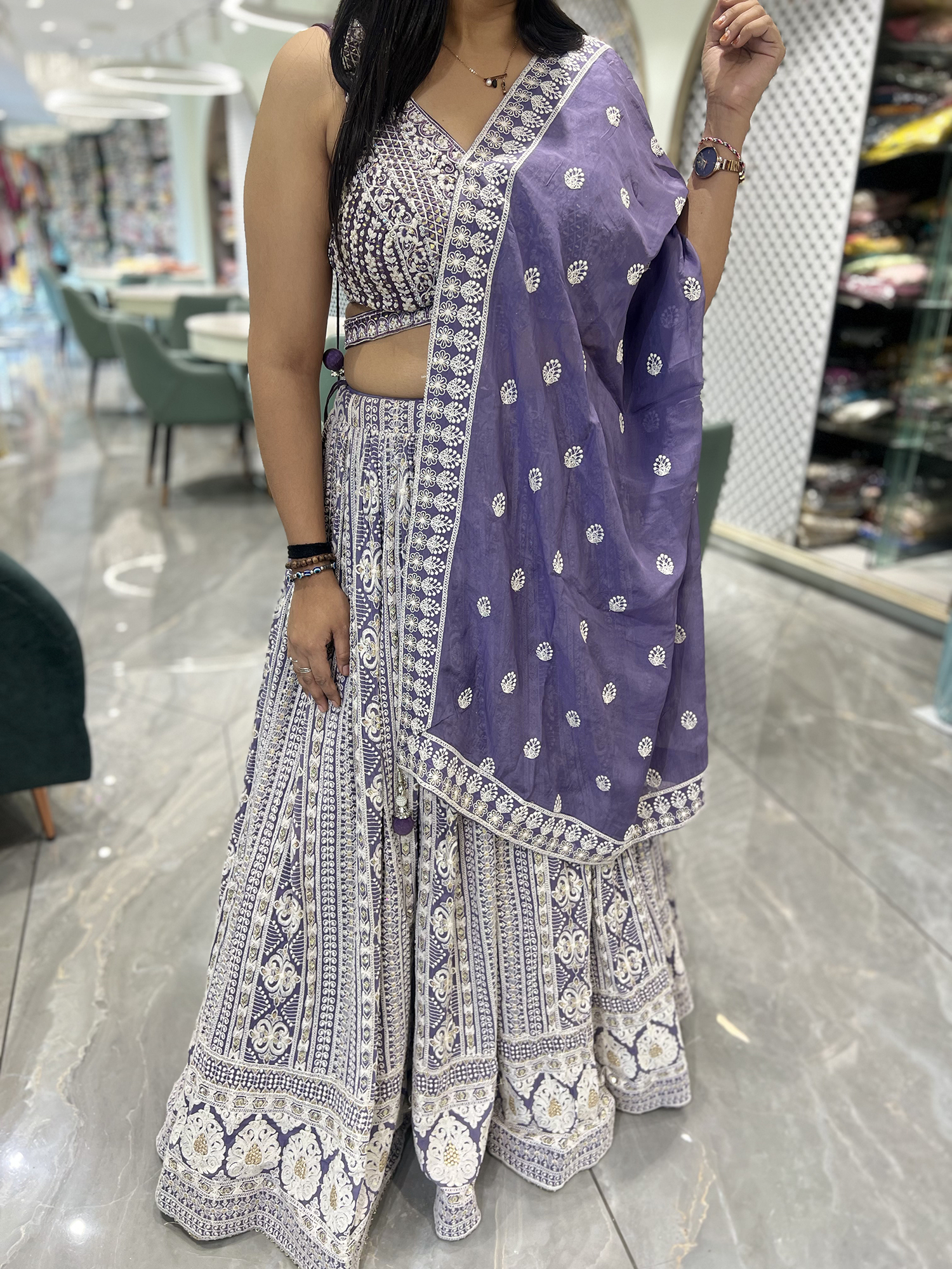 Lavender Thread And Mirror Georgette Crop Top - PGORIC 2672 2
