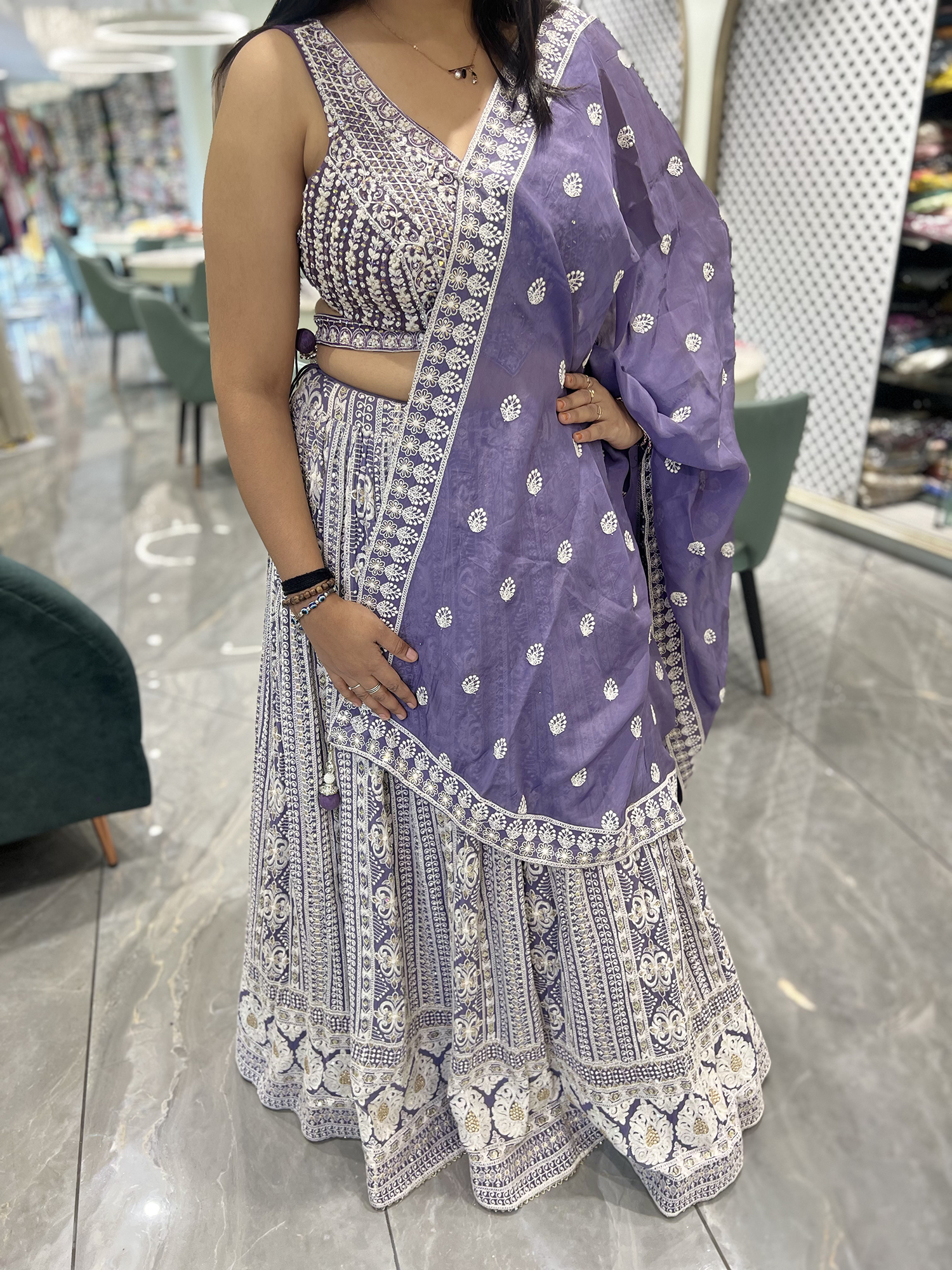 Lavender Thread And Mirror Georgette Crop Top - PGORIC 2672 2