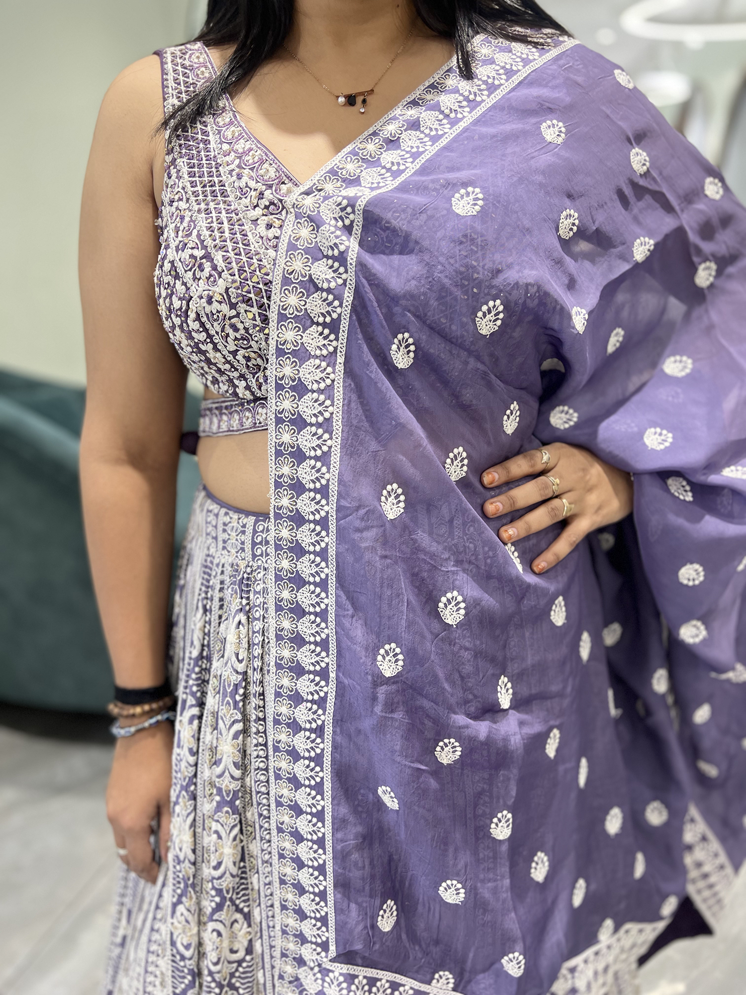 Lavender Thread And Mirror Georgette Crop Top - PGORIC 2672 2