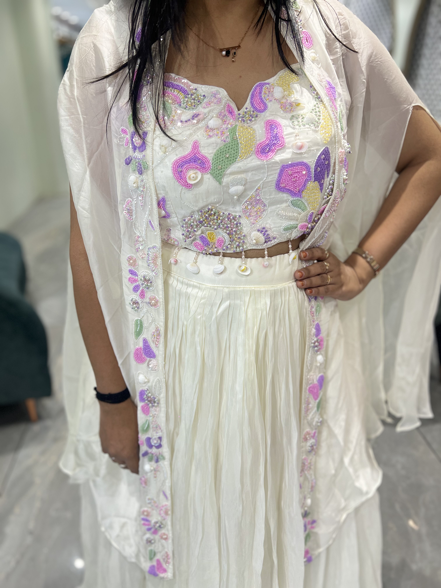 White Hand Work Georgette Crop Top - POPGORI 1270 1