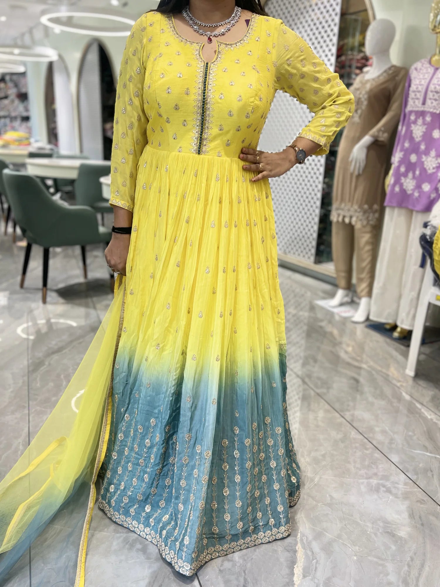 Yellow And Sky Blue Sequin Silk Gown - PGORIC 1398 8