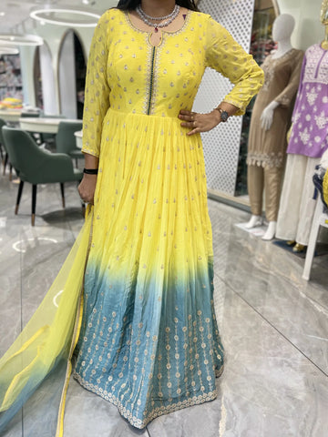Yellow And Sky Blue Sequin Silk Gown - PGORIC 1398 8