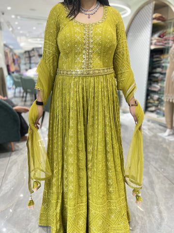 Mehndi Green Embroidery Georgette Gown - PGORIC 182 1