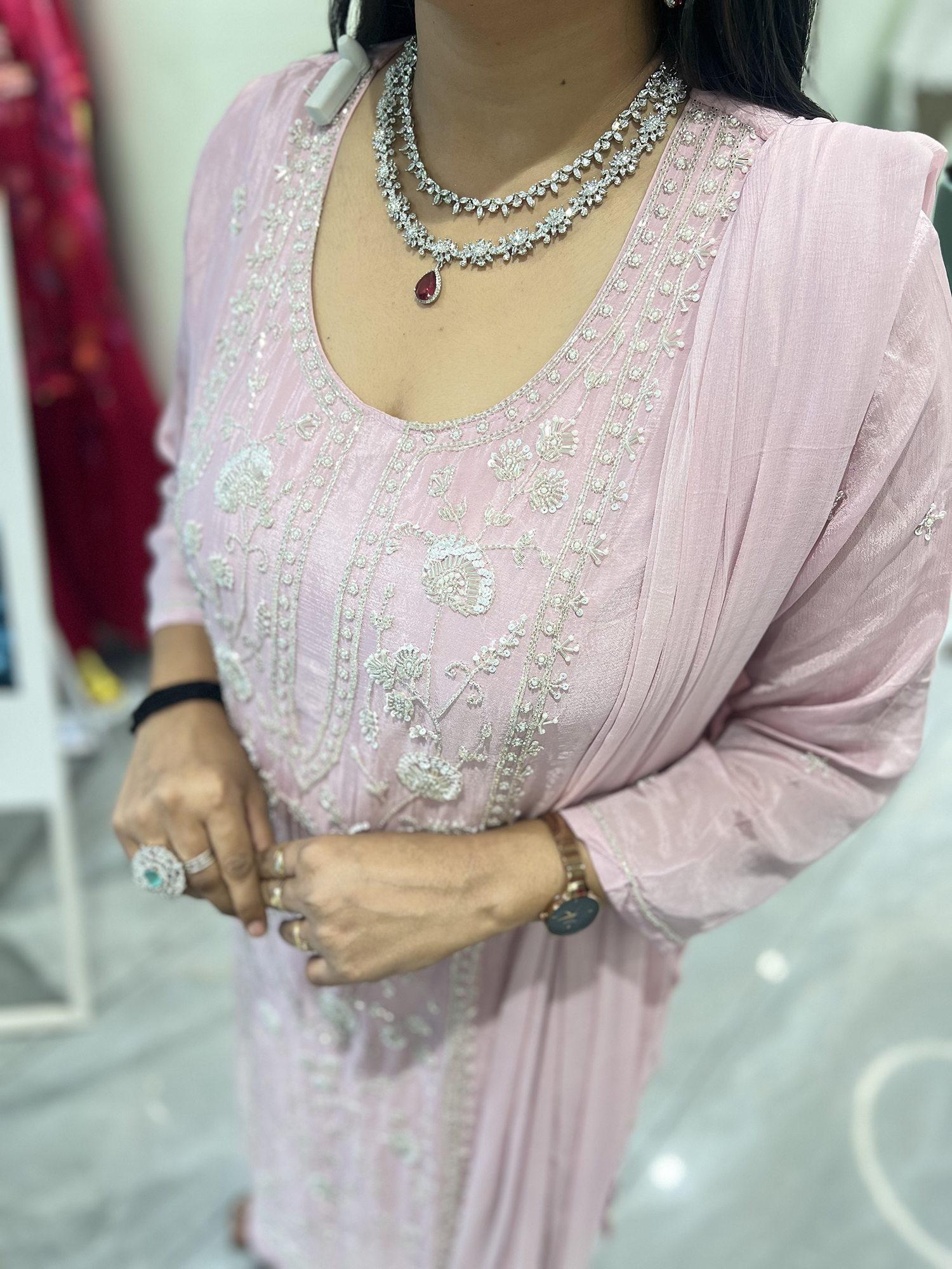 Lite Pink Embroidery Chinon Three Piece - RGORICT 479 16