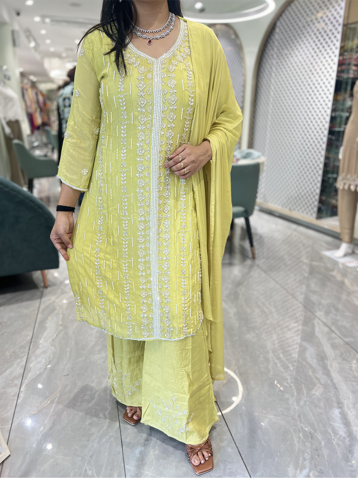 Lime Yellow Embroidery Chinon Three Piece - RGORICT 479 18