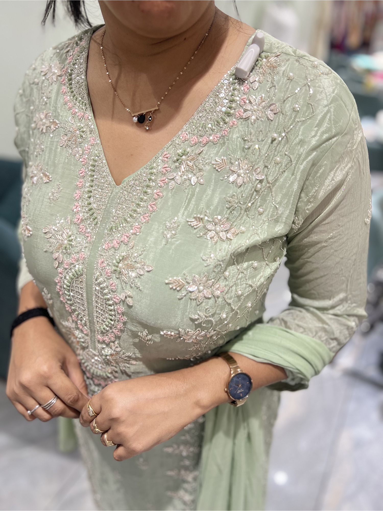 Mint Green Embroidery Chinon Three Piece - RGORICT 479 20