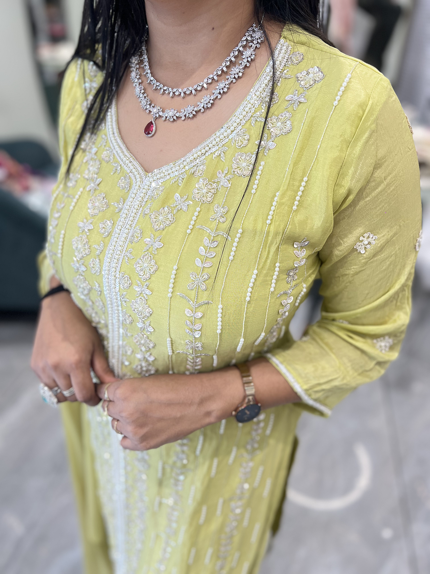 Lime Yellow Embroidery Chinon Three Piece - RGORICT 479 18