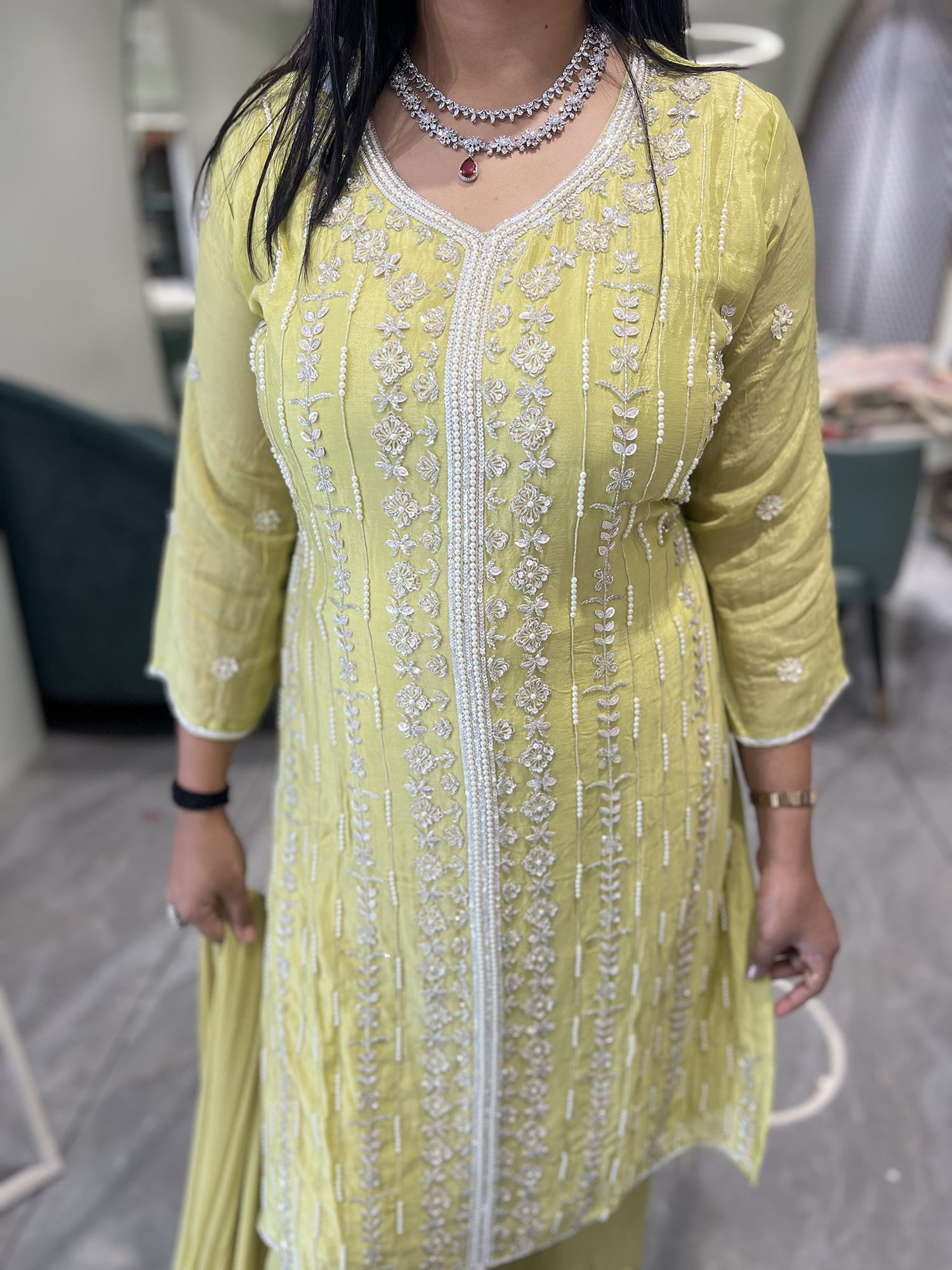 Lime Yellow Embroidery Chinon Three Piece - RGORICT 479 18