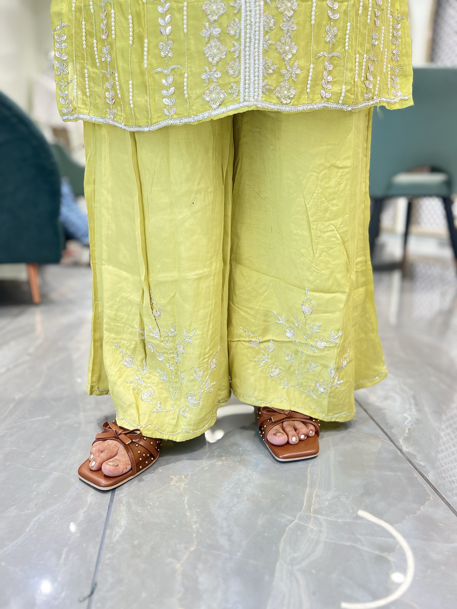 Lime Yellow Embroidery Chinon Three Piece - RGORICT 479 18