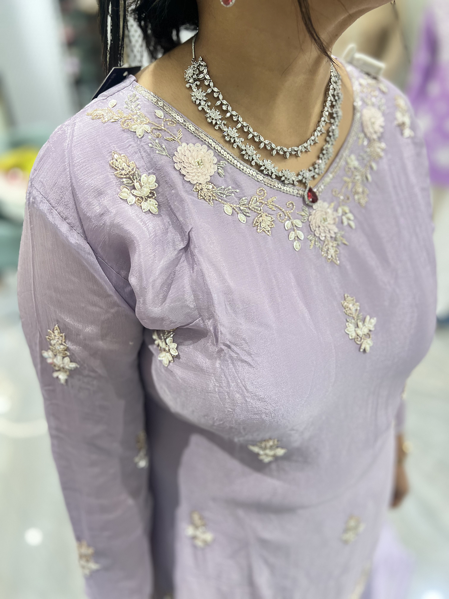 Lavender Embroidery Pure Chinon Silk Three Piece - RGORICT 479 9