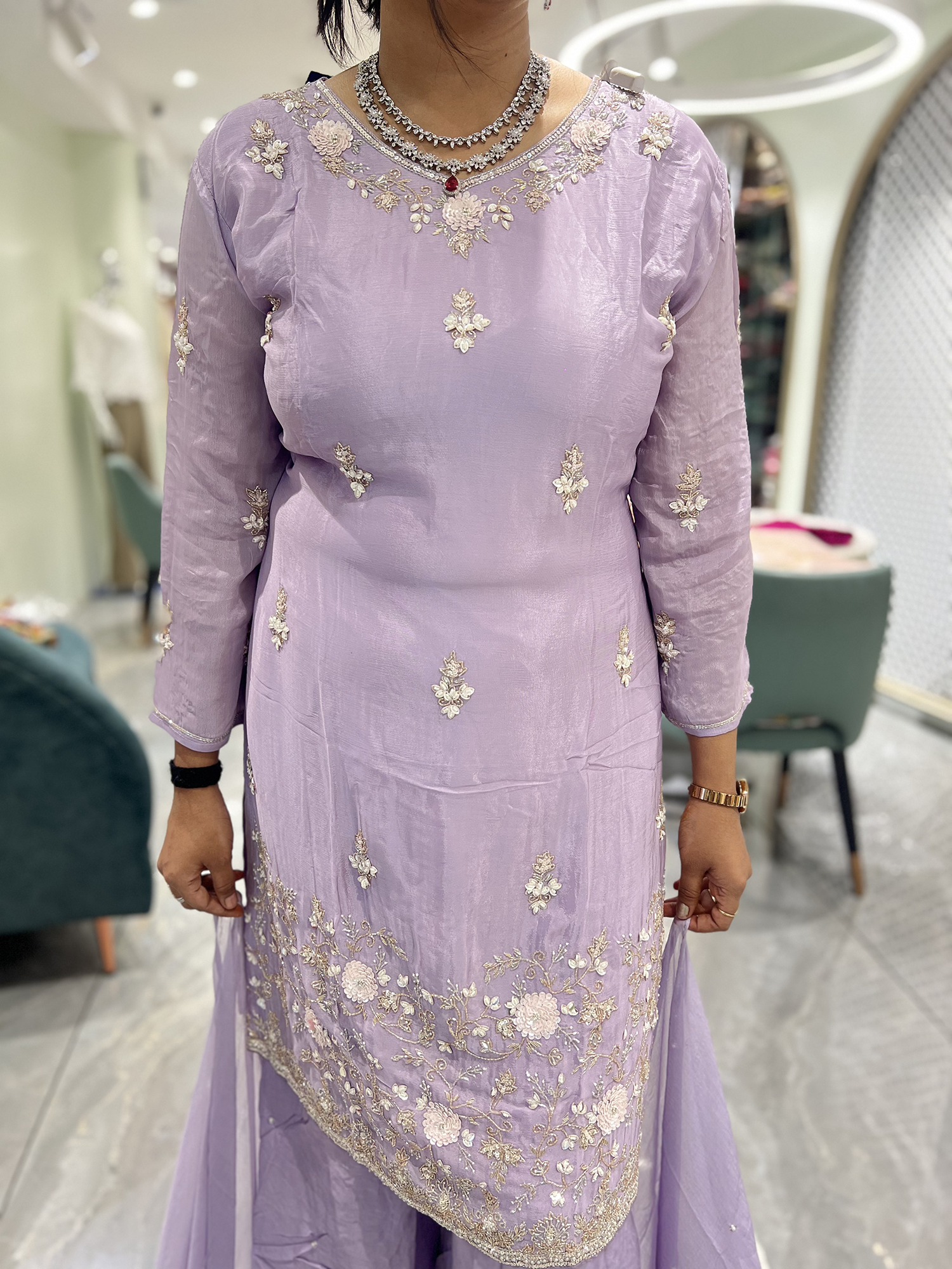 Lavender Embroidery Pure Chinon Silk Three Piece - RGORICT 479 9