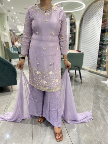 Lavender Embroidery Pure Chinon Silk Three Piece - RGORICT 479 9