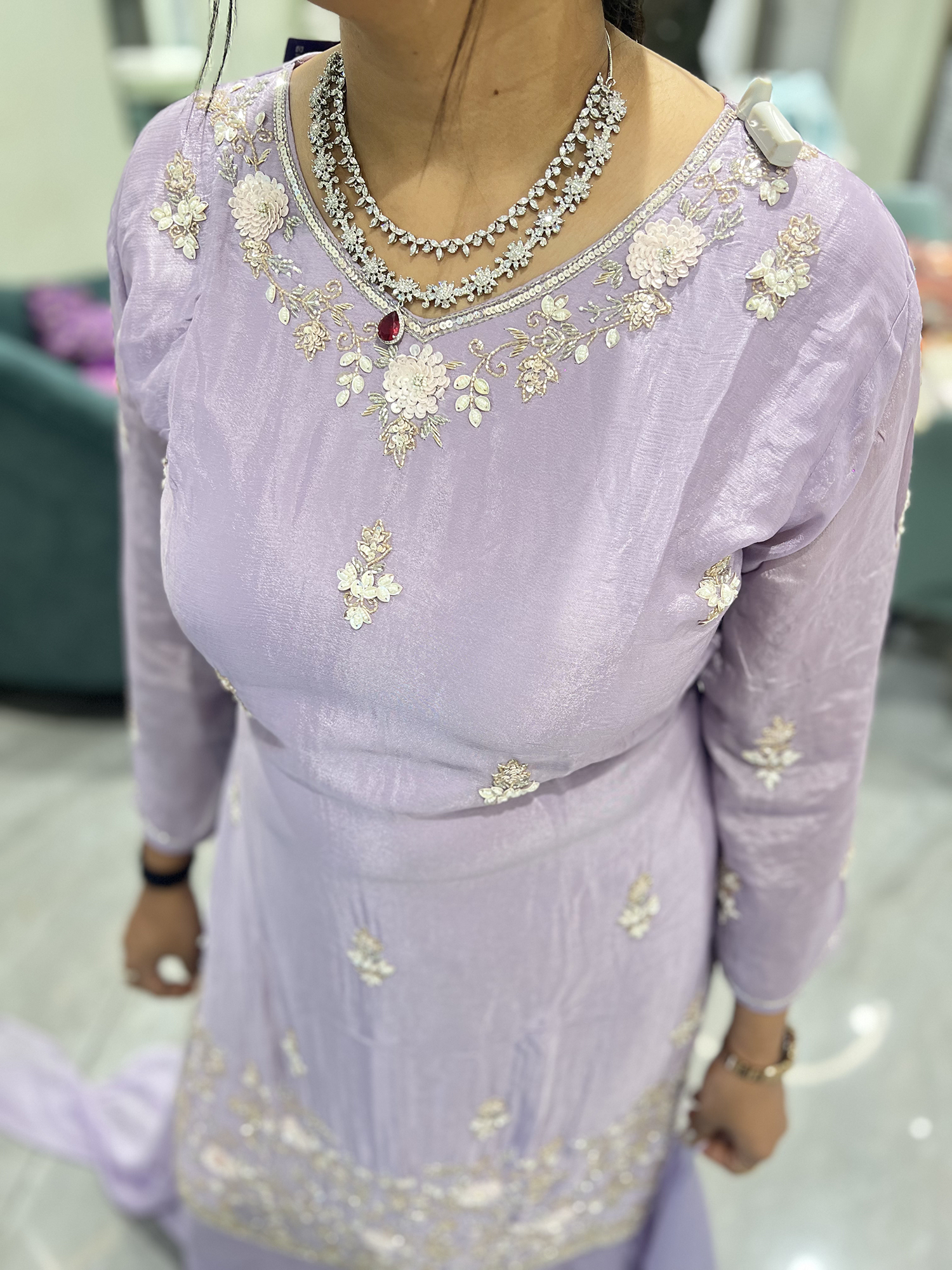 Lavender Embroidery Pure Chinon Silk Three Piece - RGORICT 479 9