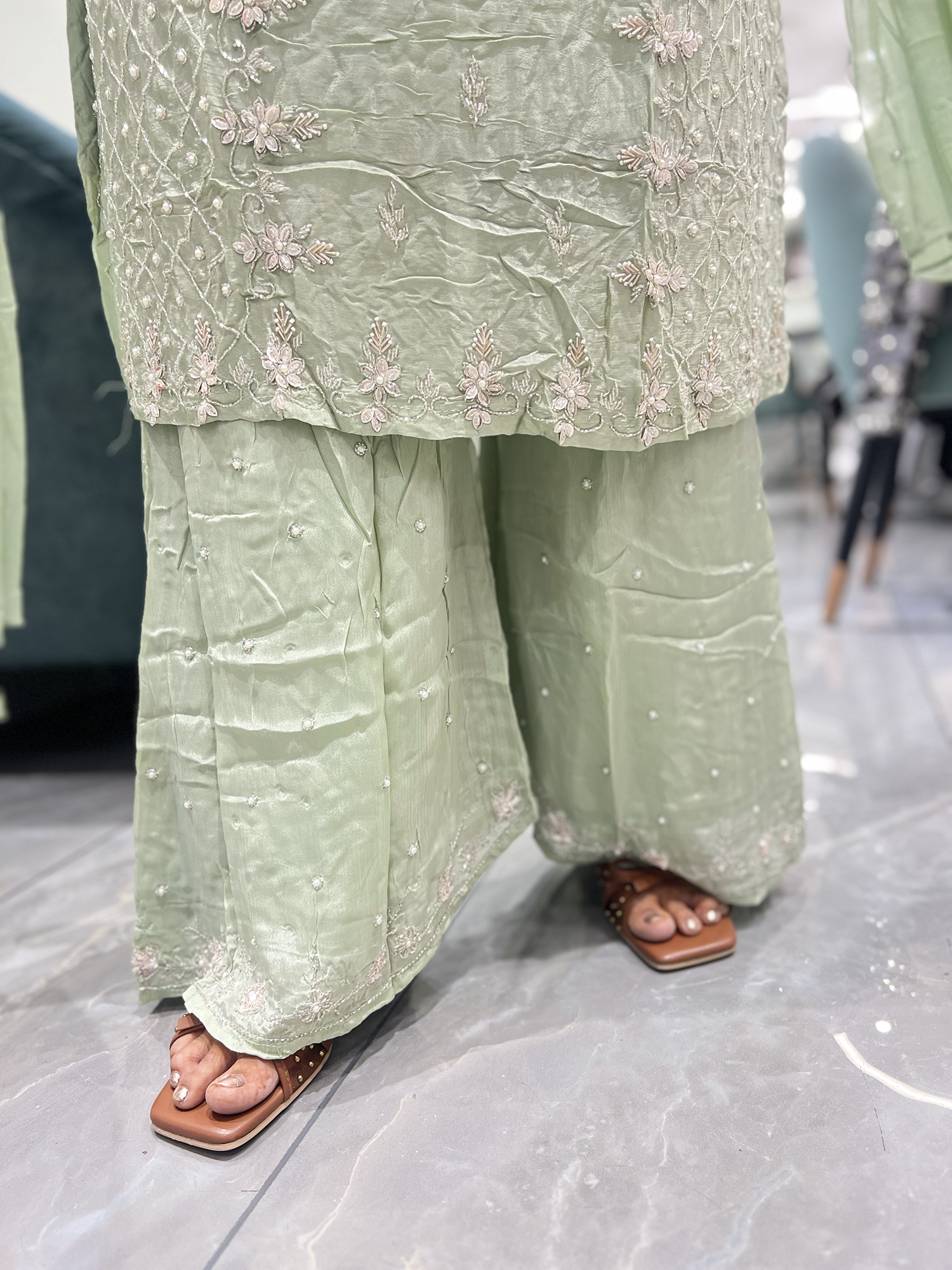 Mint Green Embroidery Chinon Three Piece - RGORICT 479 20