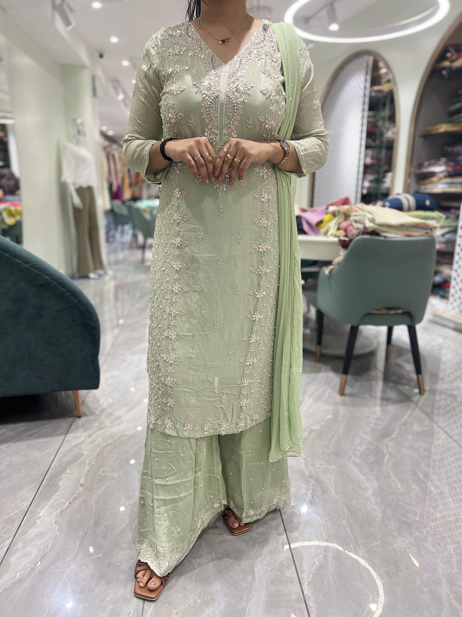 Mint Green Embroidery Chinon Three Piece - RGORICT 479 20