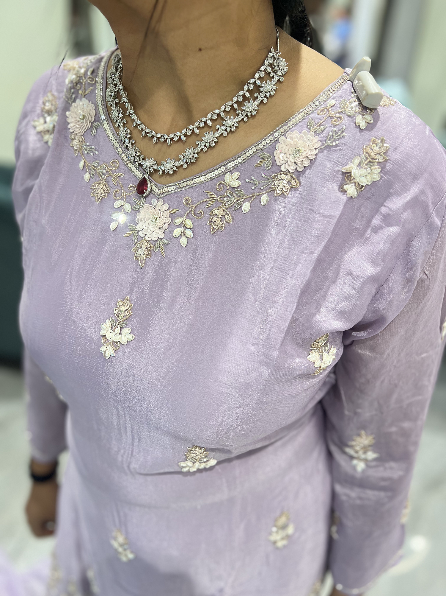 Lavender Embroidery Pure Chinon Silk Three Piece - RGORICT 479 9