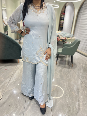 Grey Embroidery Silk Three Piece - RGORICT 481 5