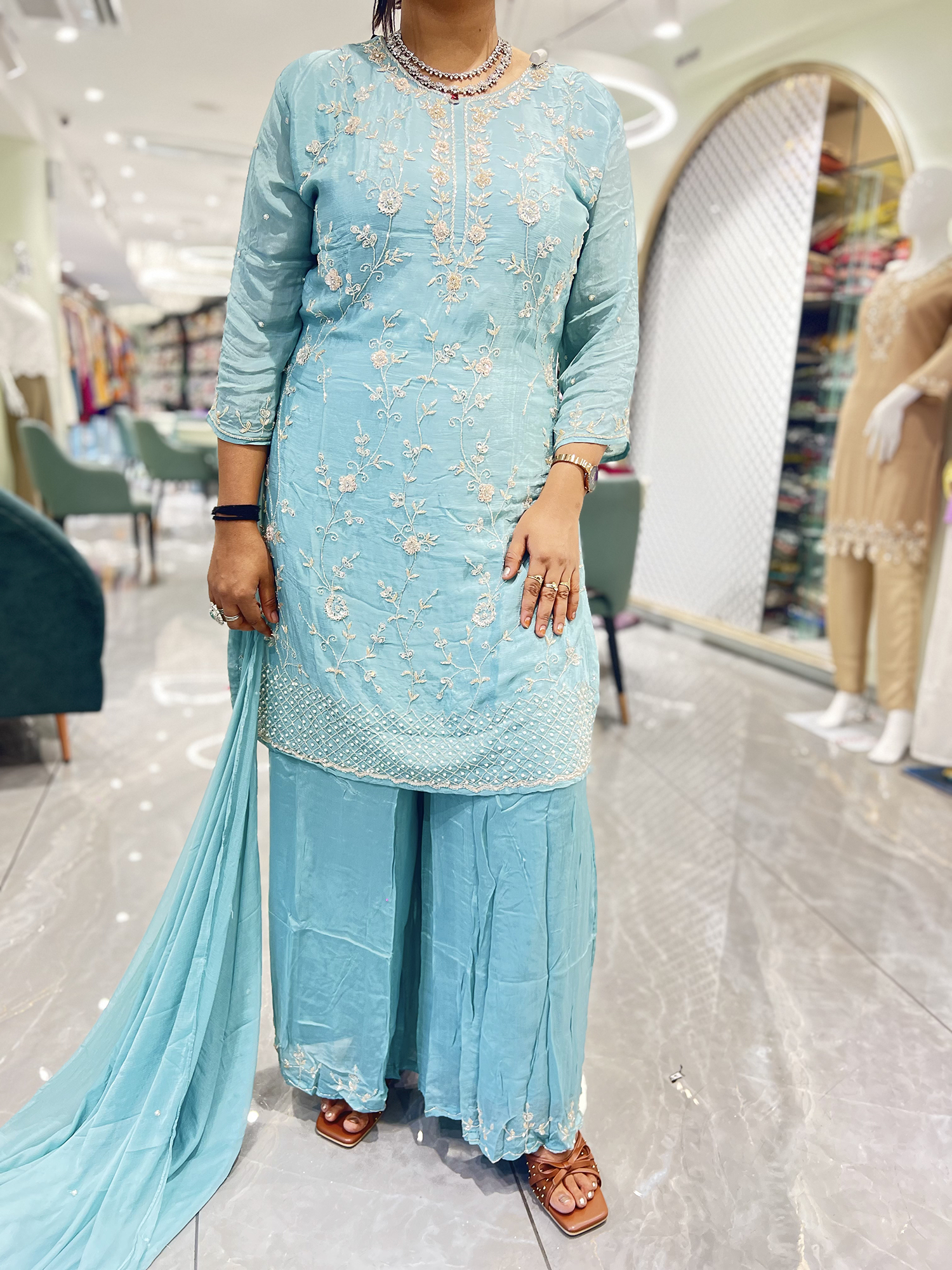 Sky Blue Embroidery Georgette Three Piece - RGORICT 481 6