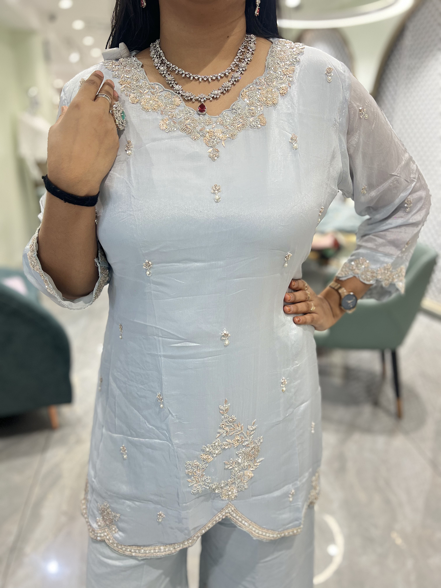 Grey Embroidery Silk Three Piece - RGORICT 481 5
