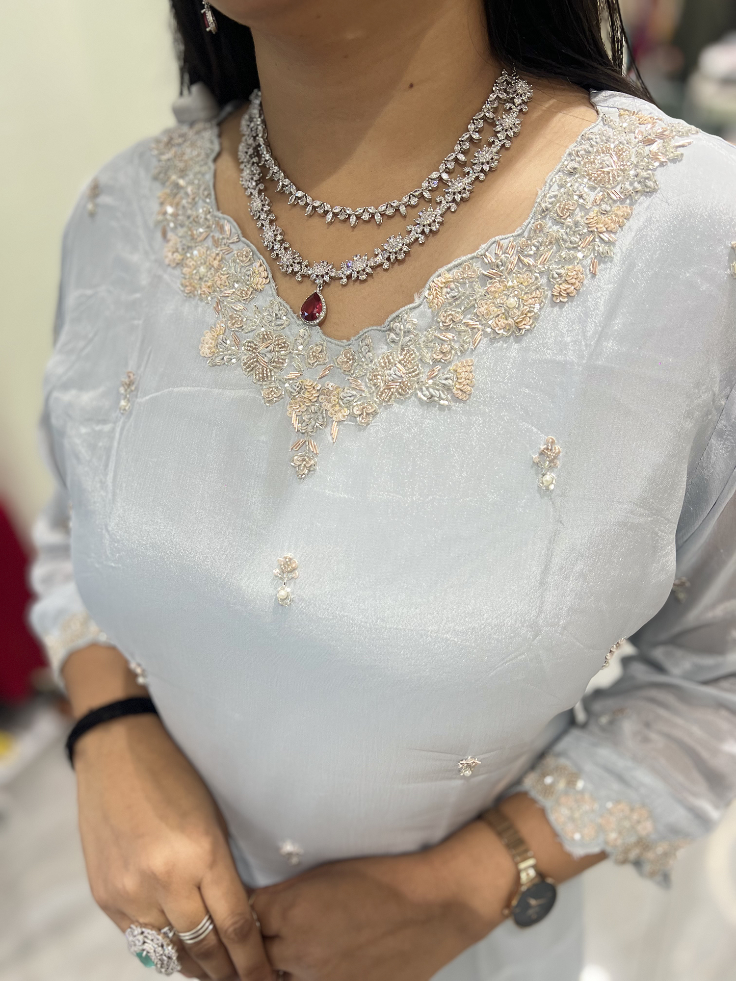 Grey Embroidery Silk Three Piece - RGORICT 481 5