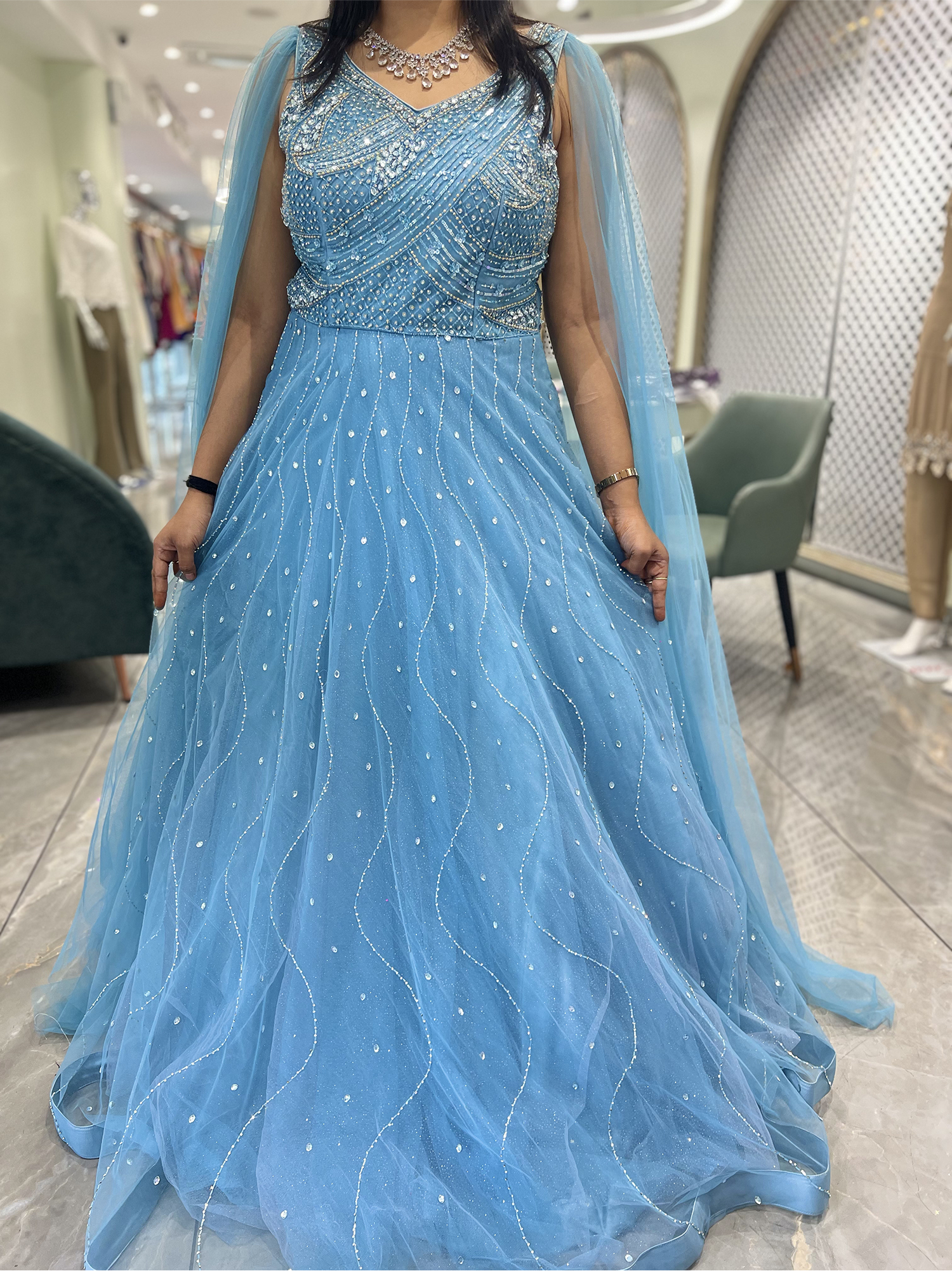 Sky Blue Hand Work Net Gown - RRNGORI 1204 1