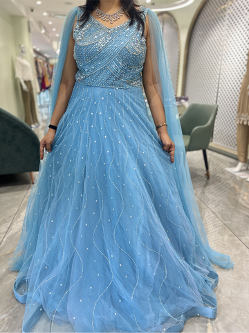 Sky Blue Hand Work Net Gown - RRNGORI 1204 1