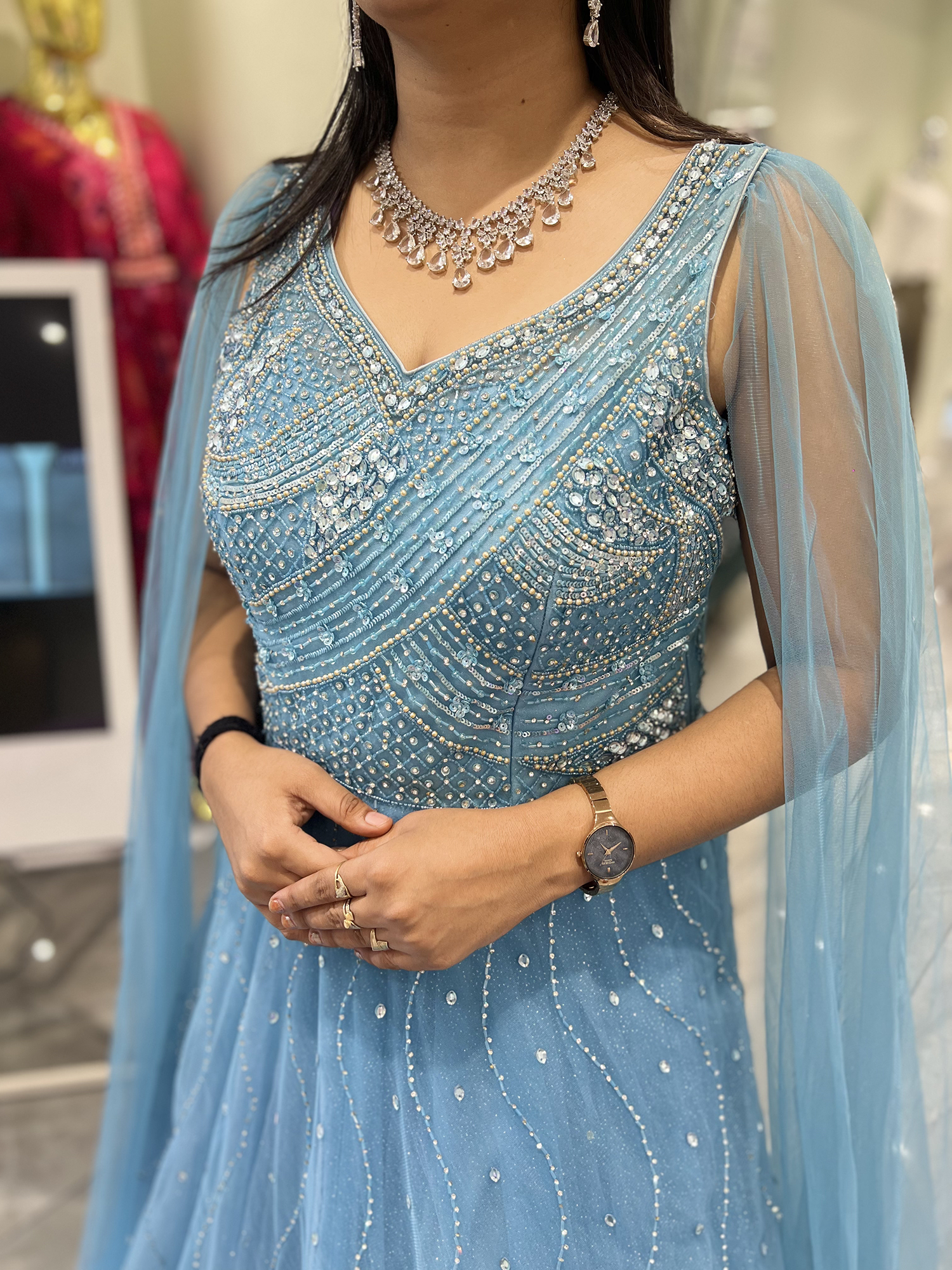 Sky Blue Hand Work Net Gown - RRNGORI 1204 1