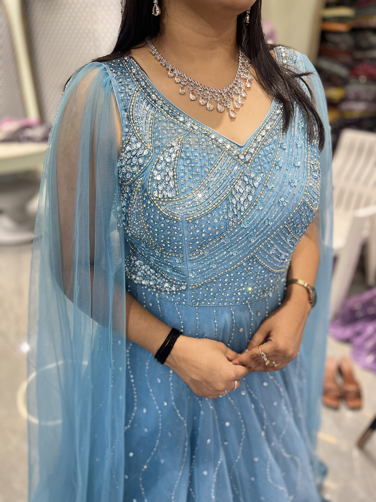 Sky Blue Hand Work Net Gown - RRNGORI 1204 1