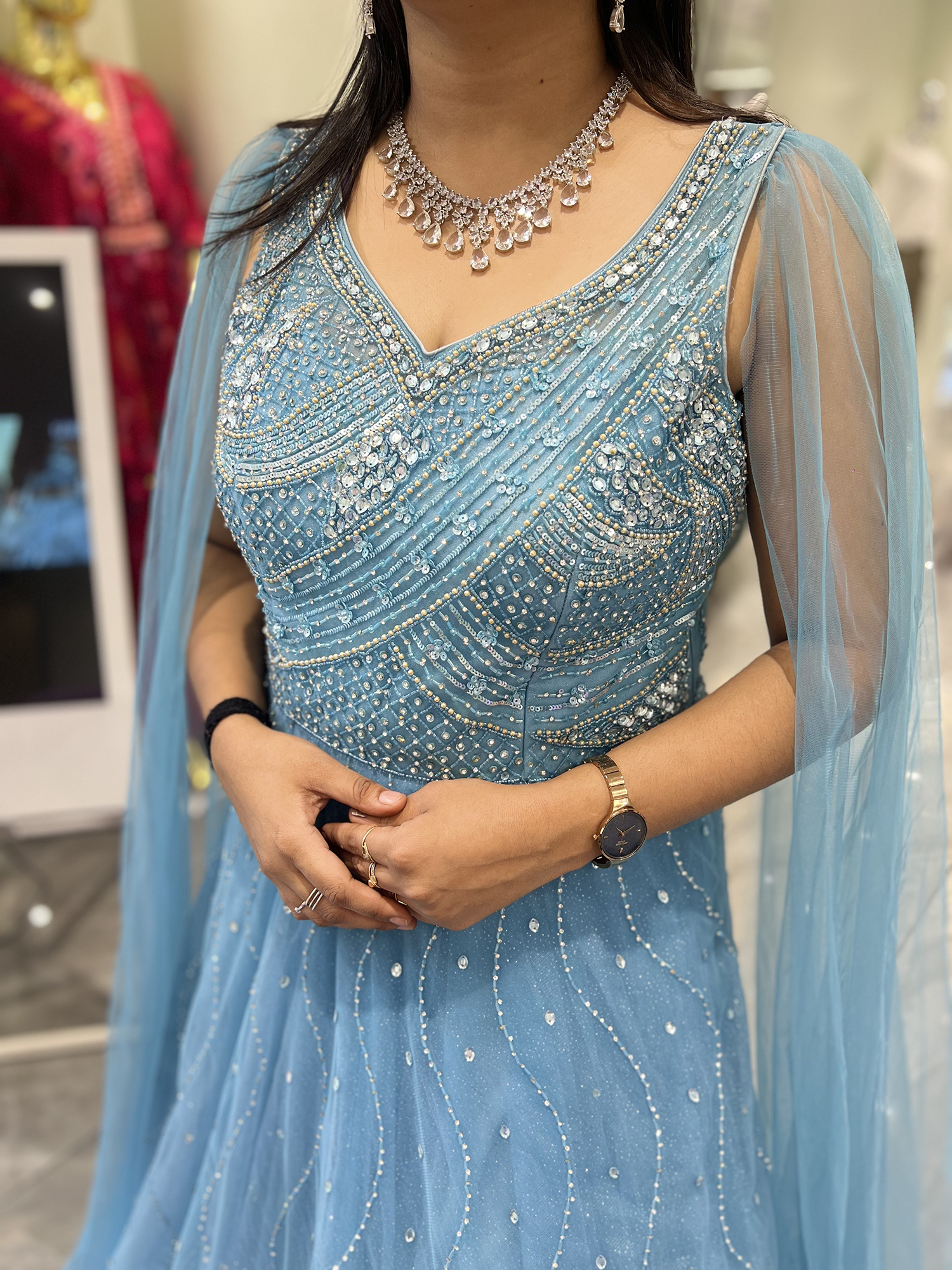 Sky Blue Hand Work Net Gown - RRNGORI 1204 1