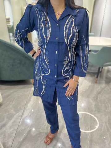 Navy Blue Embroidery Roman Silk Cordset - RGORICT 481 9