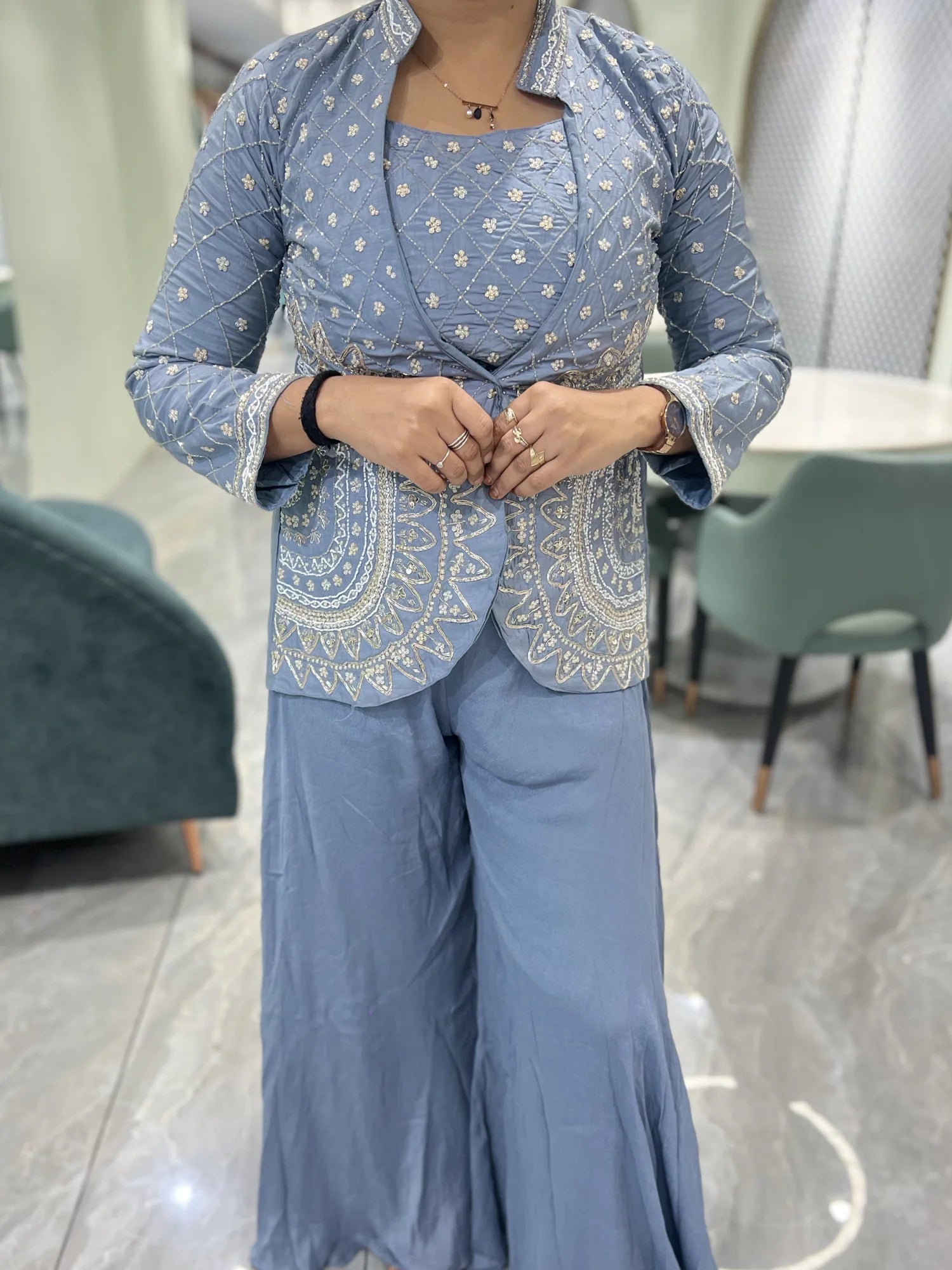 Sky Blue Hand Work Chiffon Indo Western - SRIGORI 679 13