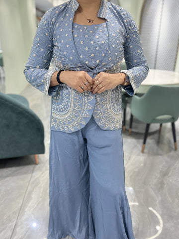 Sky Blue Hand Work Chiffon Indo Western - SRIGORI 679 13