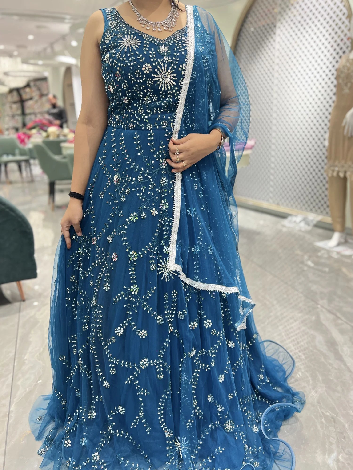 Blue Mirror Work Net Gown - SSCGORI MIX-3