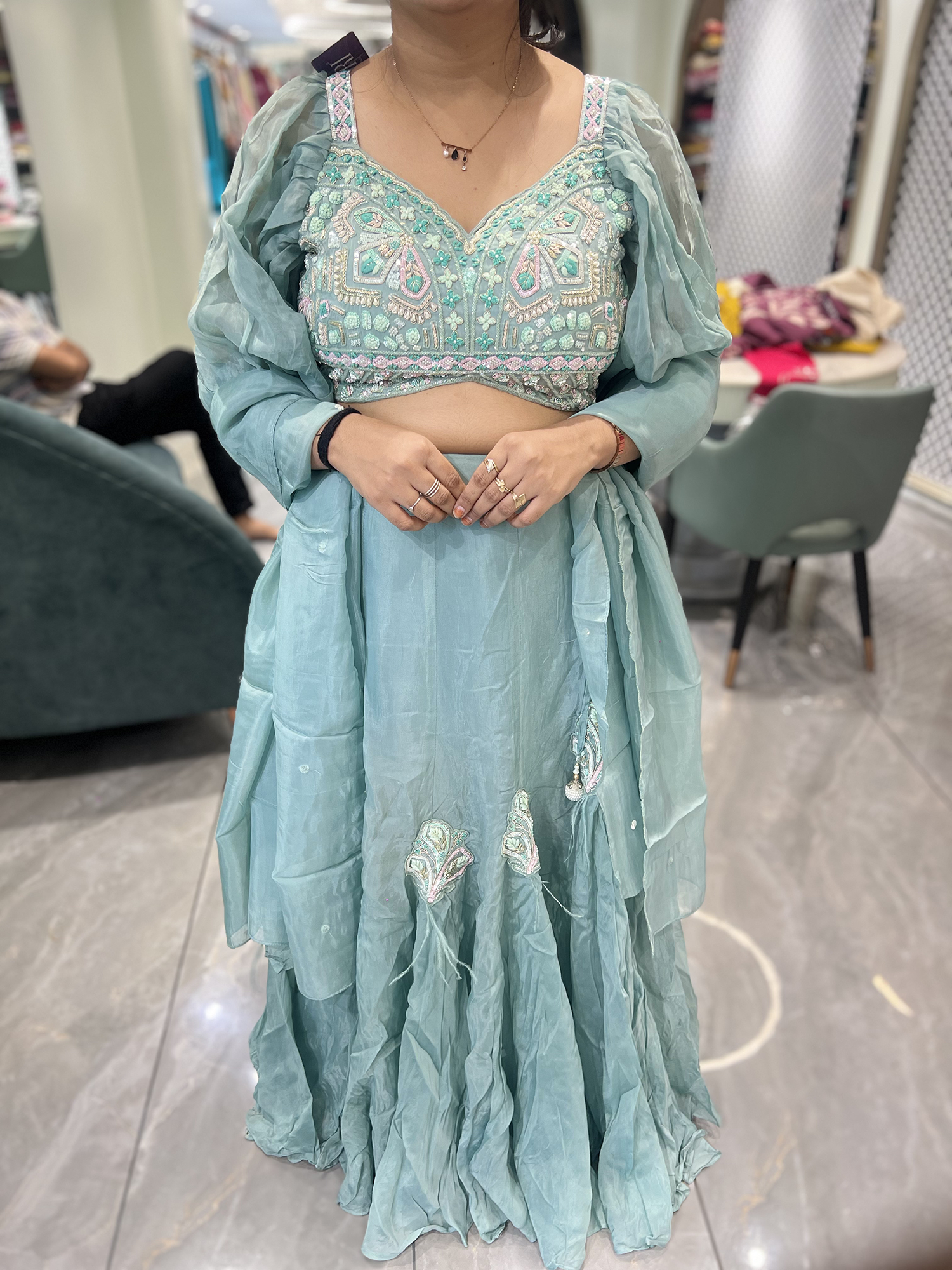 Sky Blue Hand Work Chinon Crop Top - VIHGRI 437 8