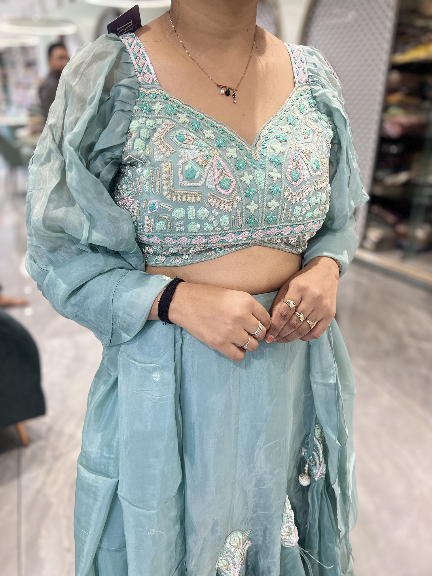 Sky Blue Hand Work Chinon Crop Top - VIHGRI 437 8