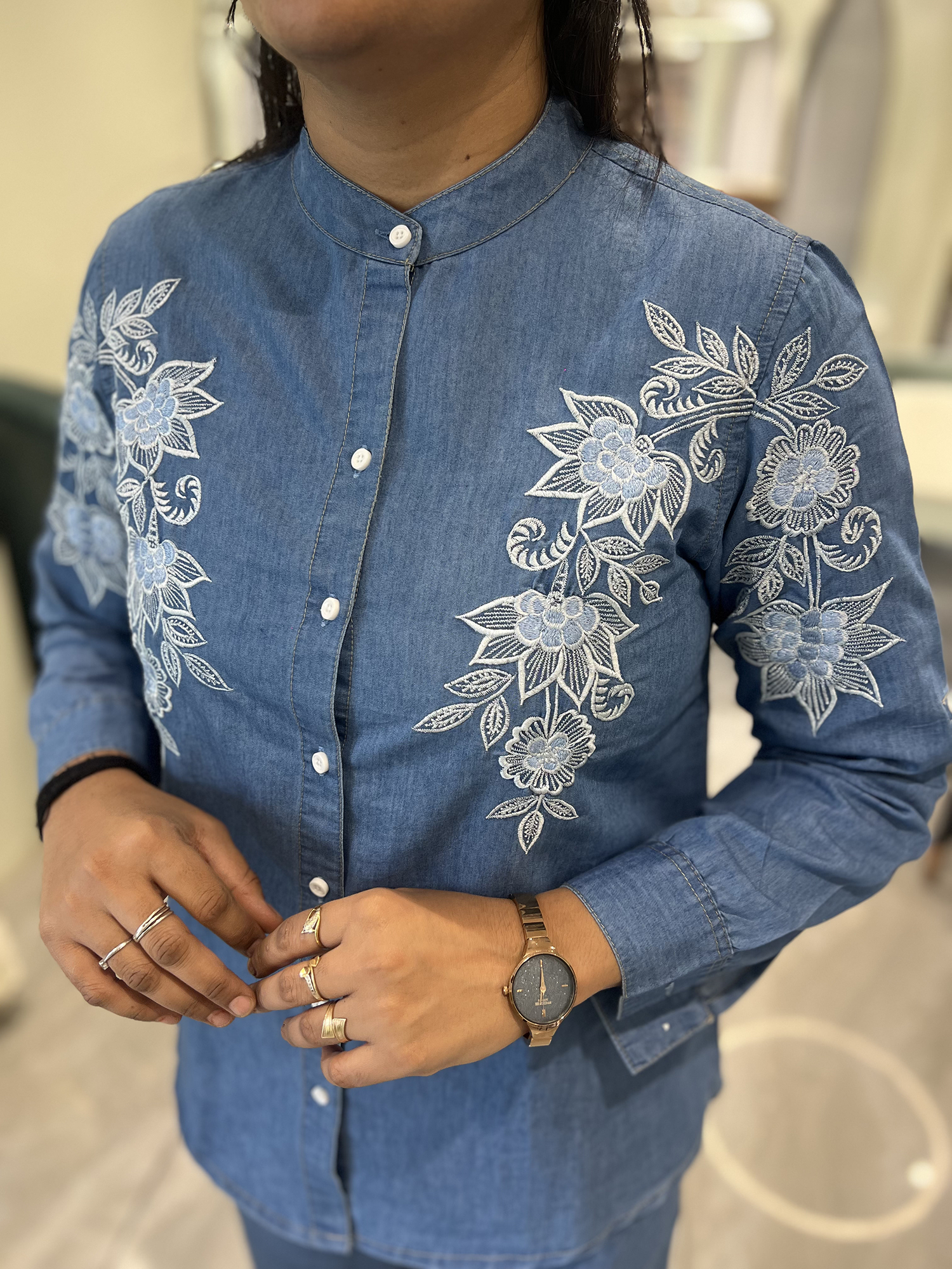 Light Blue Thread Work Denim Blue Cordset - VKMGORI 5974 22