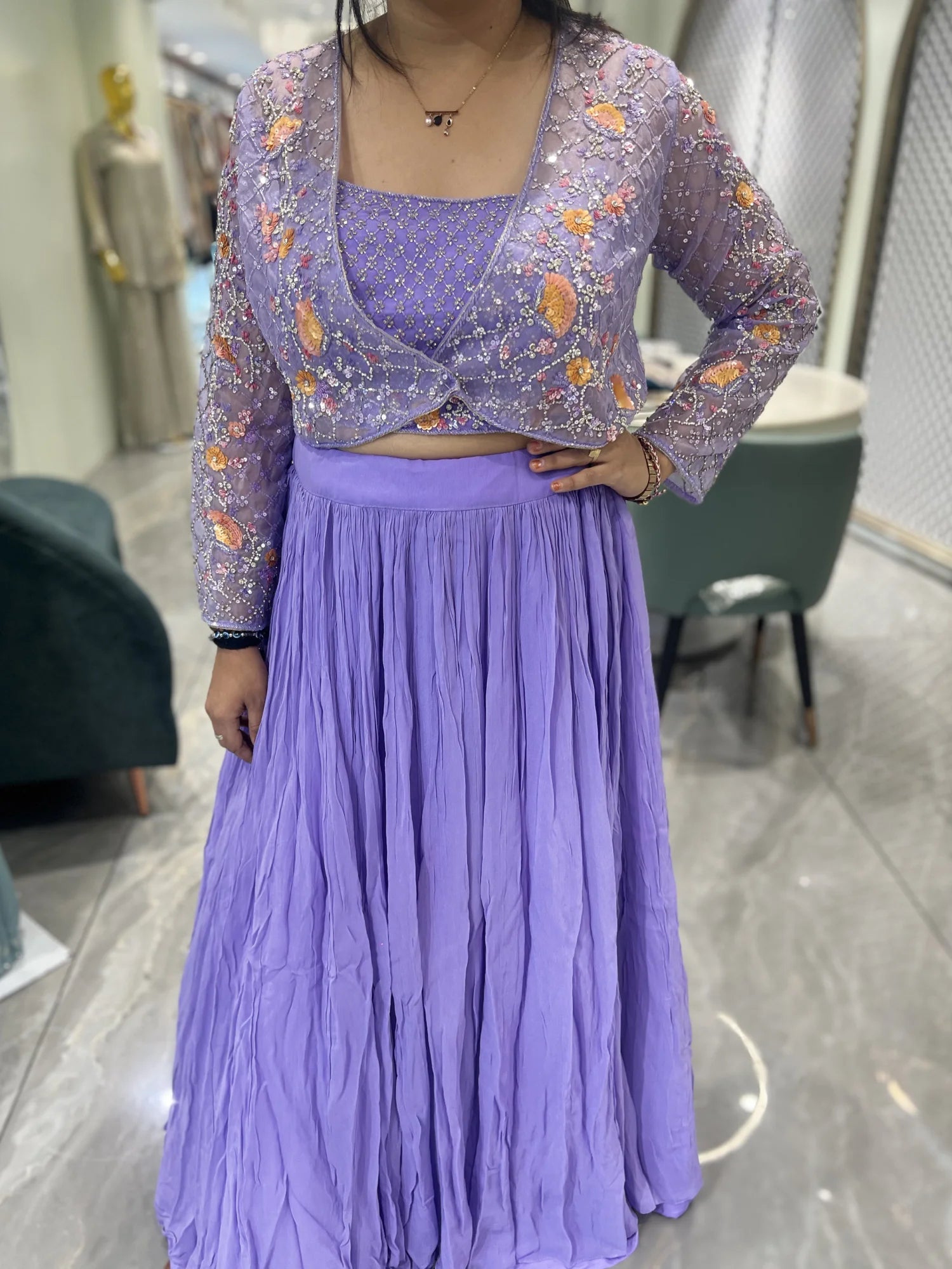 Lavender Hand Work Georgette Crop Top - VFGORI 2241 4