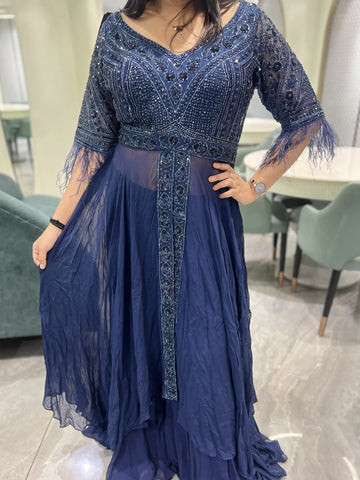 Navy Blue Embroidery Pure Indo Western - VFGORI 7452 13